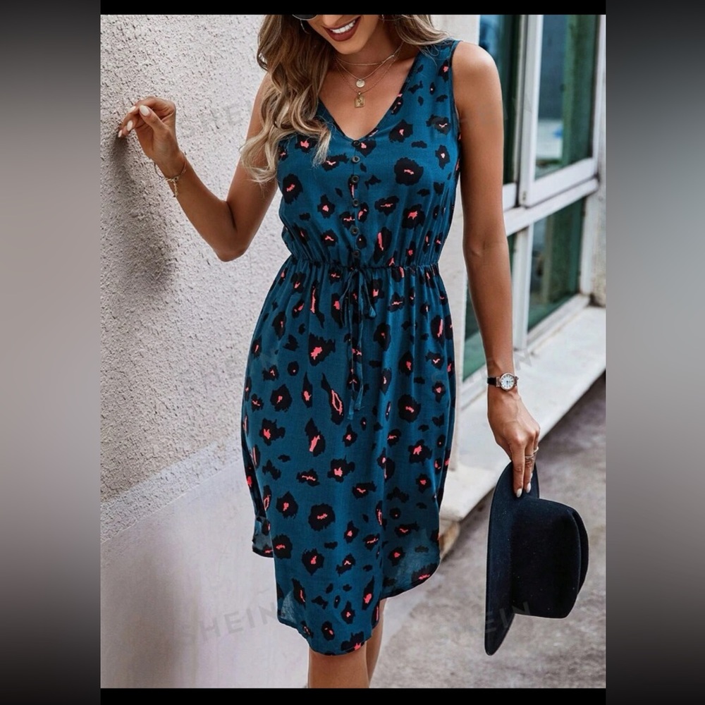 SHEIN LUNE Leopard Print Sleeveless Kimono Waist Dress